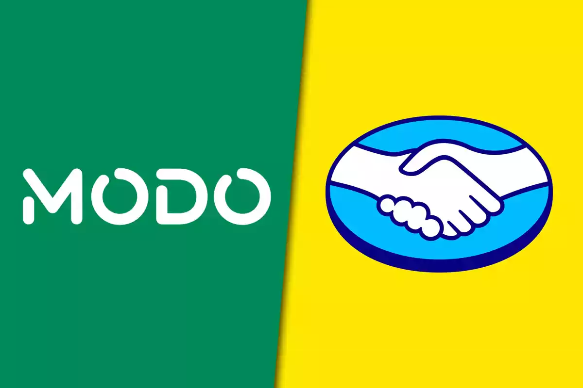 Logos de MODO y Mercado Pago sobre fondos verde y amarillo respectivamente