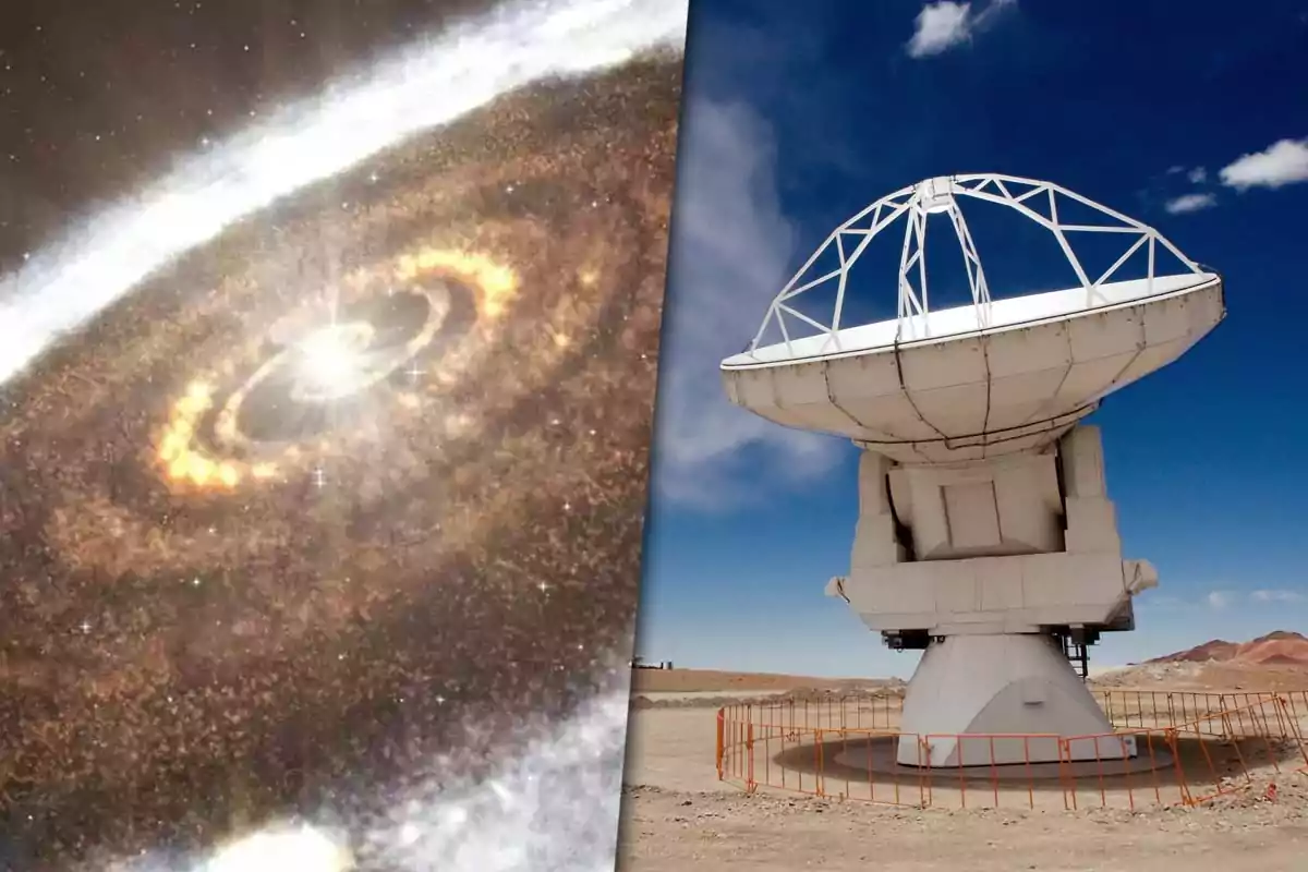 Illustration of a protoplanetary disk next to a radio telescope antenna in a desert landscape under a blue sky