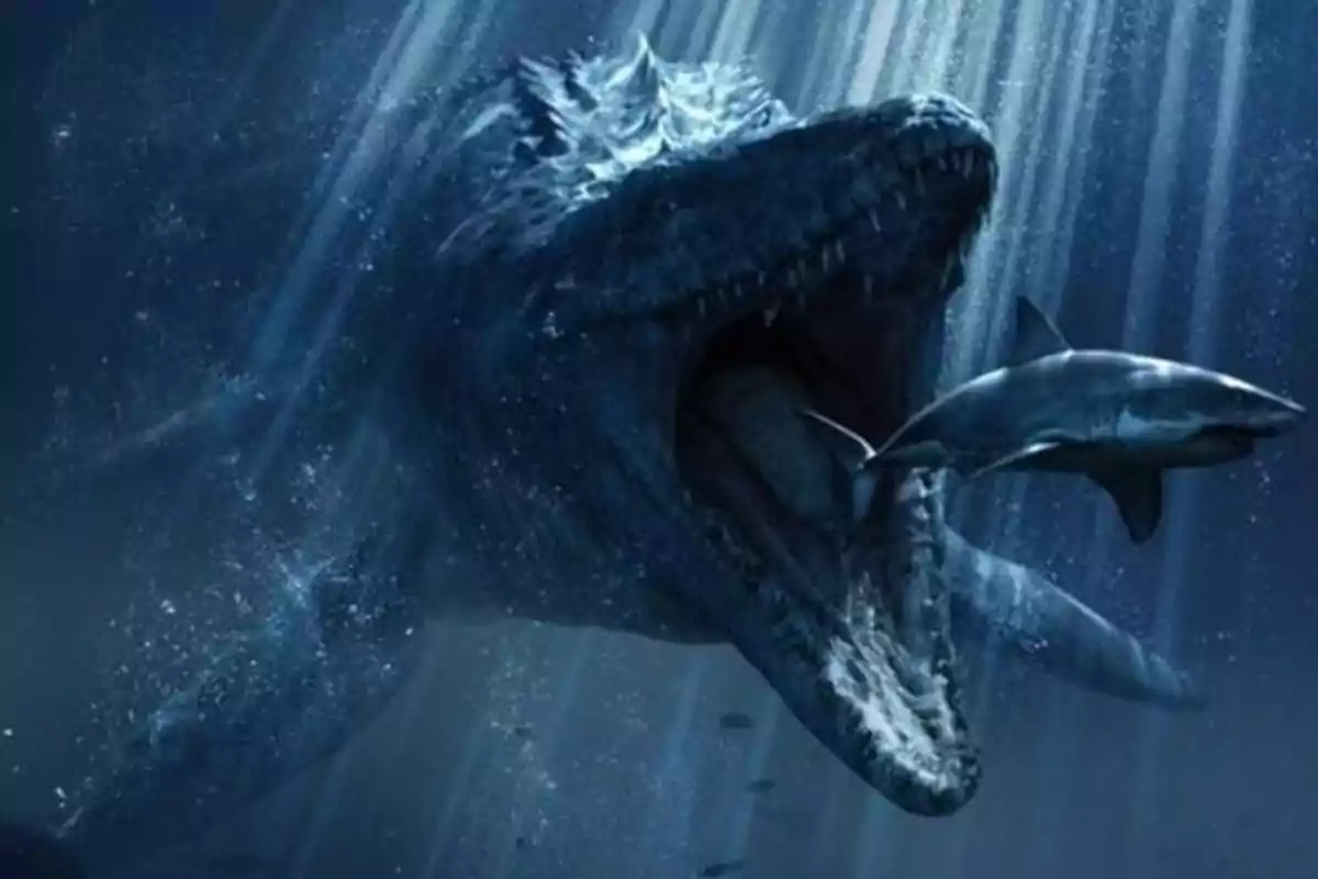 Un enorme reptil marino prehistórico emerge de las profundidades con la boca abierta para atrapar a un tiburón bajo el agua.