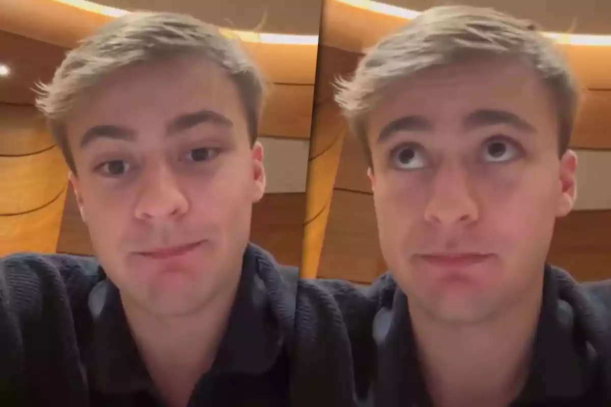 Young person with short blond hair and a dark sweater appears in two photos; in the first, they are looking straight ahead, and in the second, they are looking up, both in an indoor setting with wooden walls.