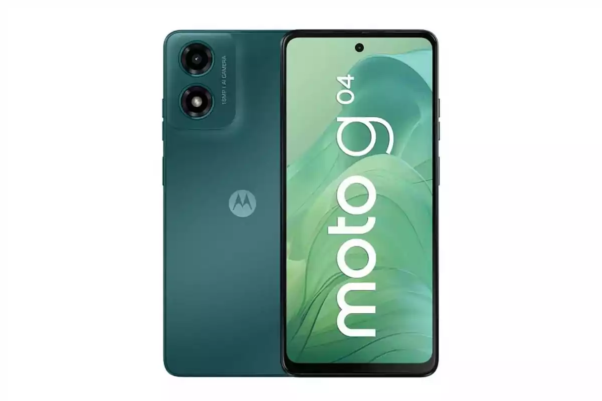 Teléfono inteligente Motorola Moto G04 color verde visto de frente y de espaldas mostrando su pantalla y cámaras traseras