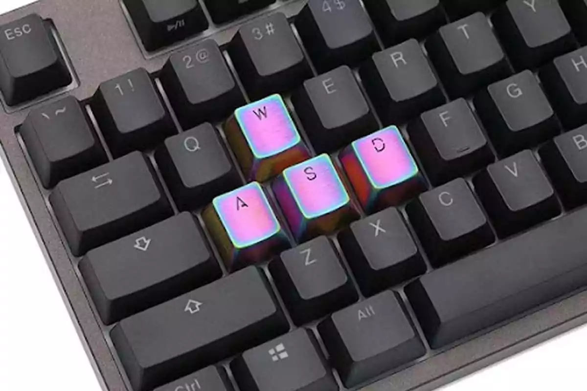 Keyboard with metallic, brightly colored WASD keys standing out among the other black keys Keyboard with metallic, brightly colored WASD keys standing out among the other black keys