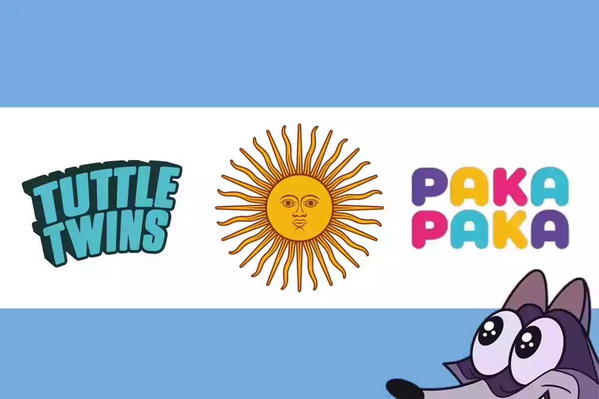 Flag of Argentina with the sun in the center, the Tuttle Twins logo on the left, the Paka Paka logo on the right, and an animated character in the bottom right corner. Flag of Argentina with the sun in the center, the Tuttle Twins logo on the left, the Paka Paka logo on the right, and an animated character in the bottom right corner.
