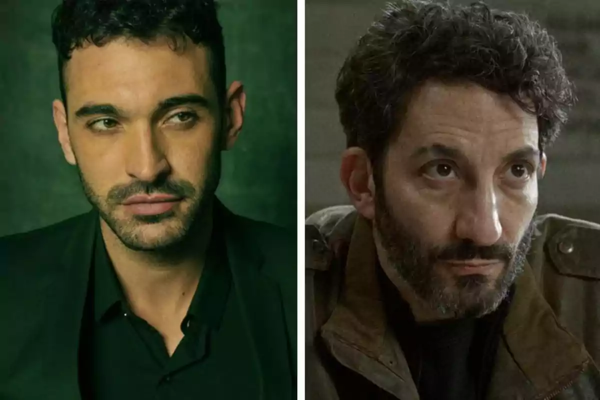 Two men with beards and dark hair, one with a green background and a serious expression, the other wearing a brown jacket and an intense gaze.