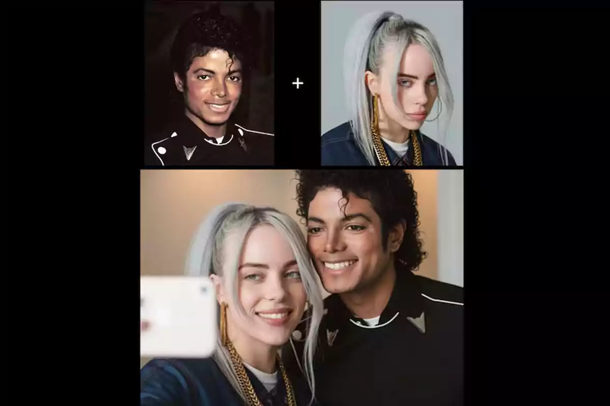 Montaje que muestra a dos celebridades en la parte superior y una imagen editada en la parte inferior donde ambos aparecen juntos tomándose una selfie. Montaje que muestra a dos celebridades en la parte superior y una imagen editada en la parte inferior donde ambos aparecen juntos tomándose una selfie.