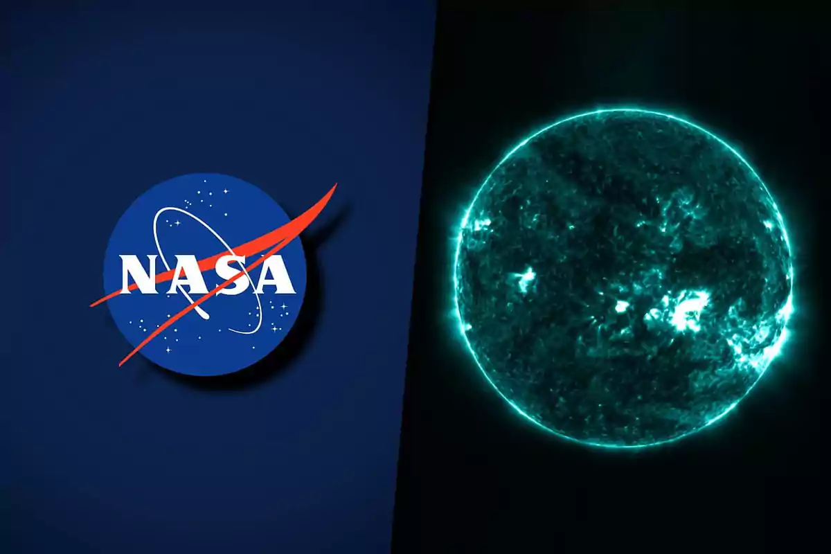Logotipo de la NASA junto a una imagen del sol en tonos azulados