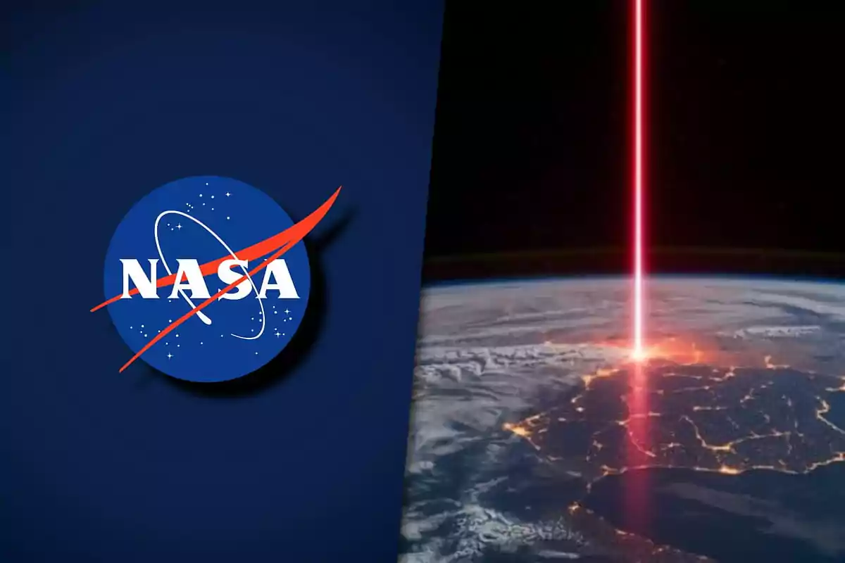 Logo de la NASA junto a una ilustración de un rayo láser rojo impactando la superficie terrestre desde el espacio