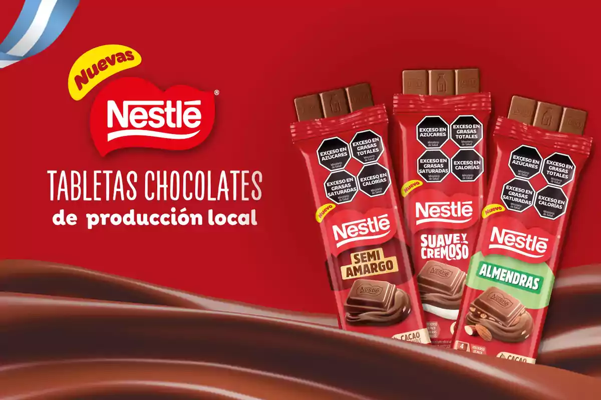 Three Nestlé chocolate bars in red packaging with warning labels and the flavors semisweet, smooth and creamy, and almonds on a red background with the Nestlé logo and text highlighting local production