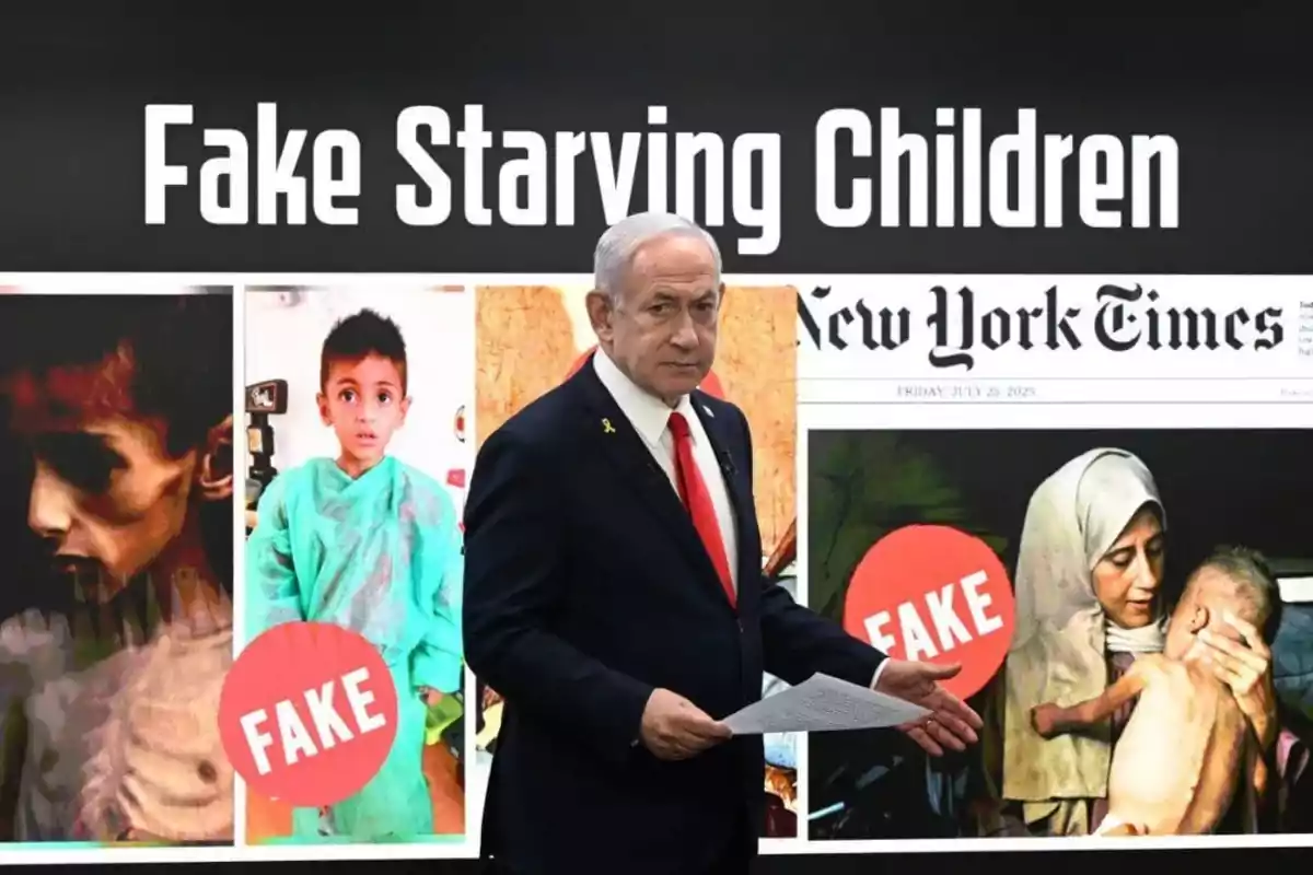Un hombre de traje oscuro y corbata roja sostiene unos papeles frente a un cartel que dice Fake Starving Children y muestra imágenes de niños con la palabra fake en grande.