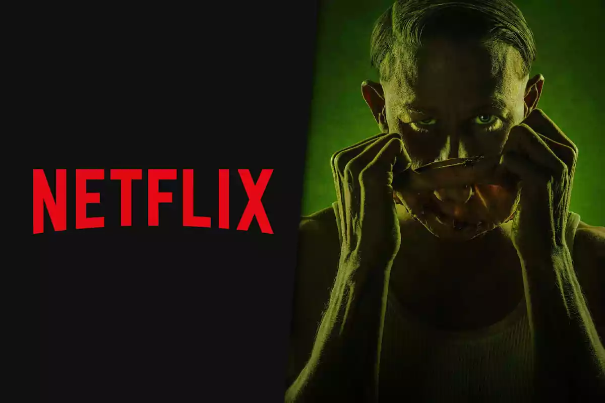 Netflix logo on the left and on the right a man with a serious expression holding a skin mask in front of his face against a dark green background