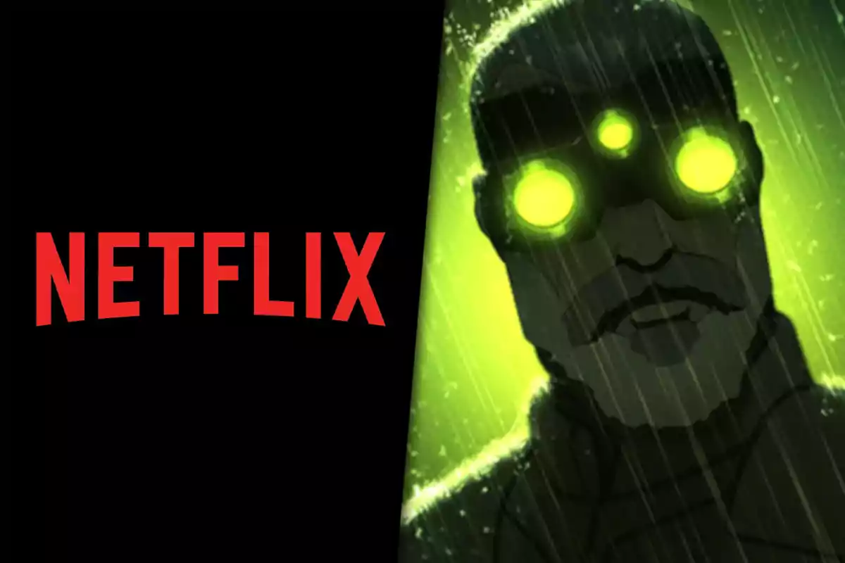 Netflix logo next to an animated character with green night vision goggles in a dark, rainy setting