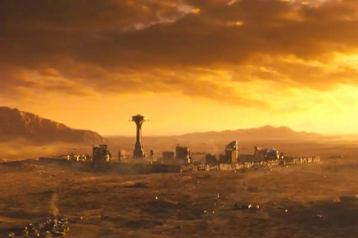 Futuristic city surrounded by desert under an orange sunset sky Futuristic city surrounded by desert under an orange sunset sky