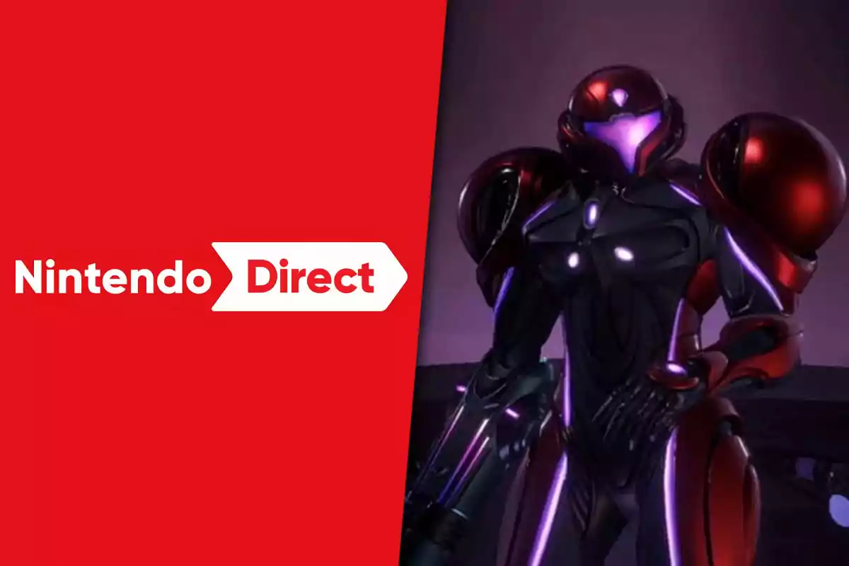 Imagen dividida en dos partes, a la izquierda un fondo rojo con el logo de Nintendo Direct y a la derecha un personaje futurista con armadura oscura y detalles en rojo y violeta
