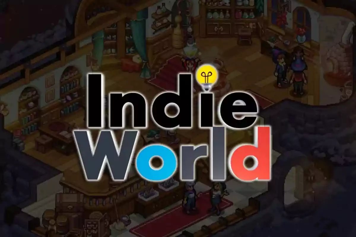 Indie World logo in the center of a pixel art video game scene showing the interior of a shop or house with characters and shelves filled with items Indie World logo in the center of a pixel art video game scene showing the interior of a shop or house with characters and shelves filled with items