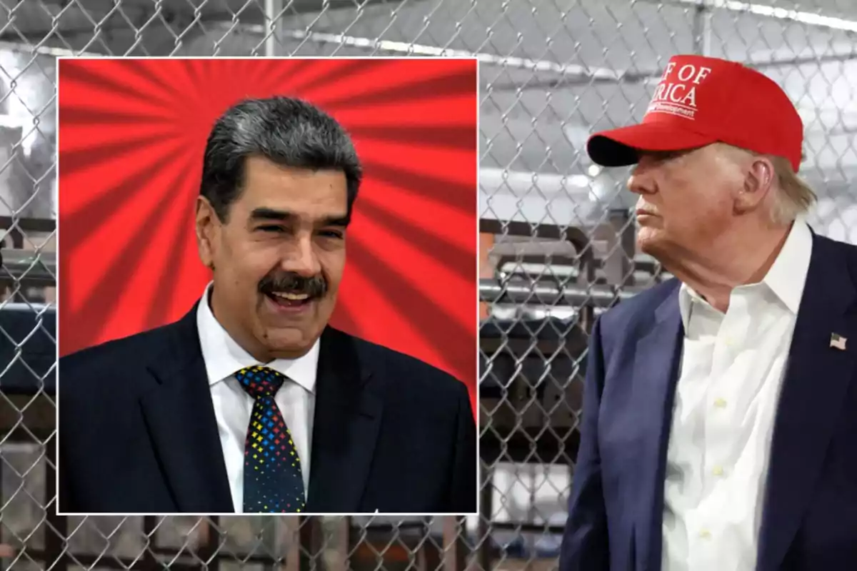 Un hombre con gorra roja y traje oscuro está de perfil frente a una cerca metálica, mientras que en un recuadro aparece otro hombre de traje y corbata sonriendo con un fondo rojo.