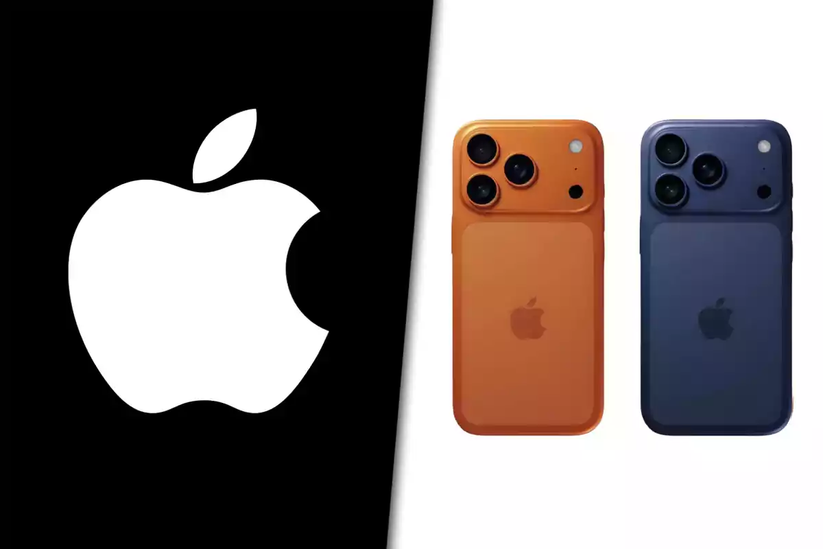Logo de Apple en fondo negro junto a dos teléfonos inteligentes de colores naranja y azul con el logotipo de la marca