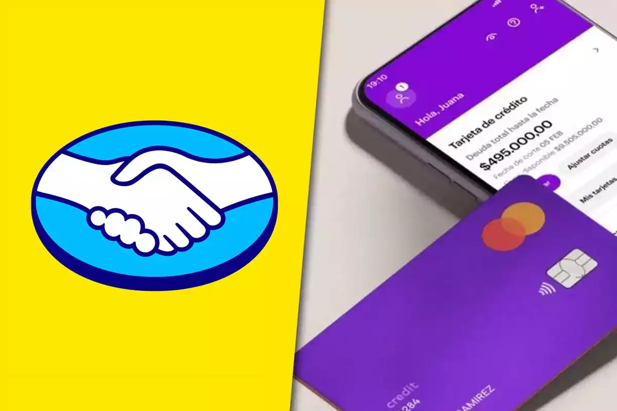 Mercado Libre logo on the left and a purple credit card next to a mobile phone with a financial app on the right
