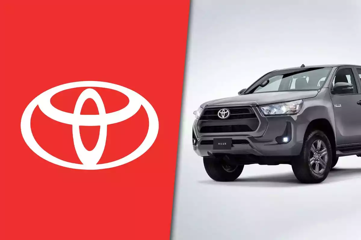 Toyota logo on a red background next to a gray Toyota Hilux pickup truck