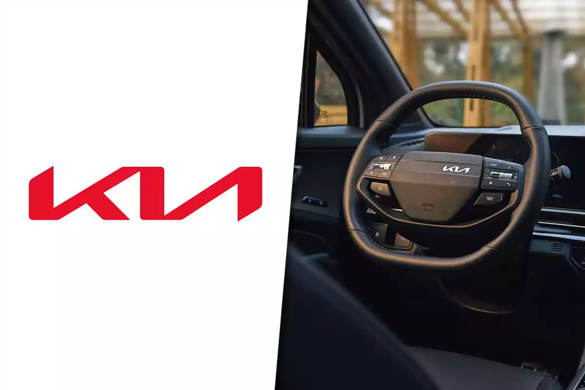 Kia logo in red on the left and steering wheel of a modern Kia car on the right