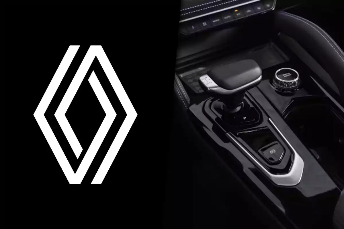 Renault logo on the left and the center console of a modern car on the right