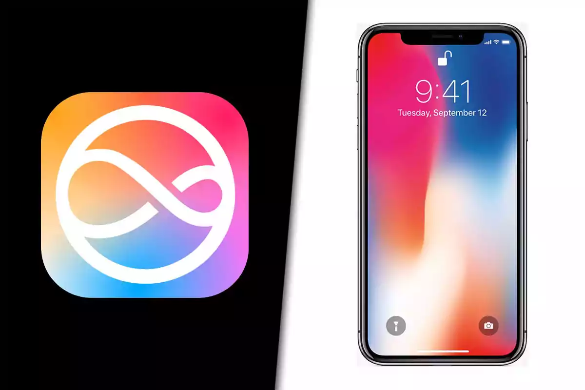Logo colorido de una aplicación junto a un iPhone con la pantalla de bloqueo encendida