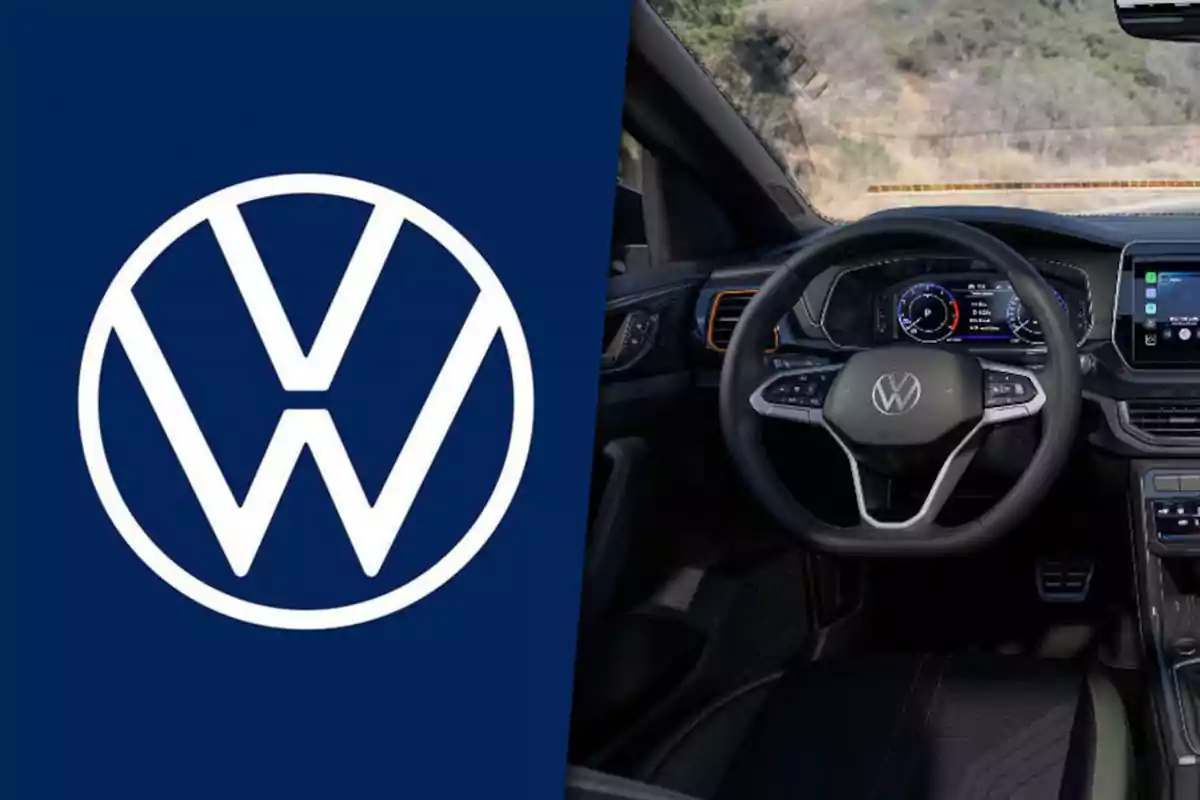 Logo de Volkswagen junto al volante y tablero de un automóvil de la misma marca