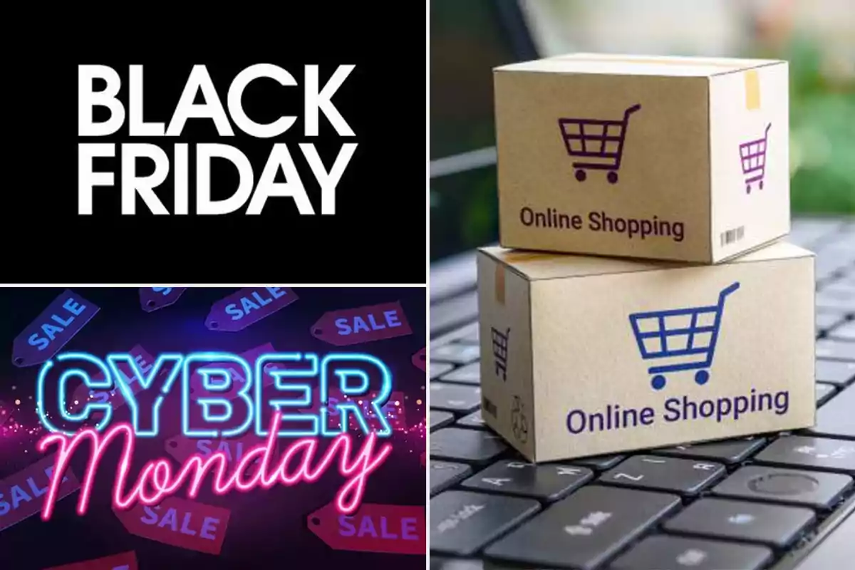 Imagen dividida en tres partes que muestra el texto Black Friday, Cyber Monday y dos cajas de compras en línea sobre un teclado de computadora, representando compras y ofertas en línea.