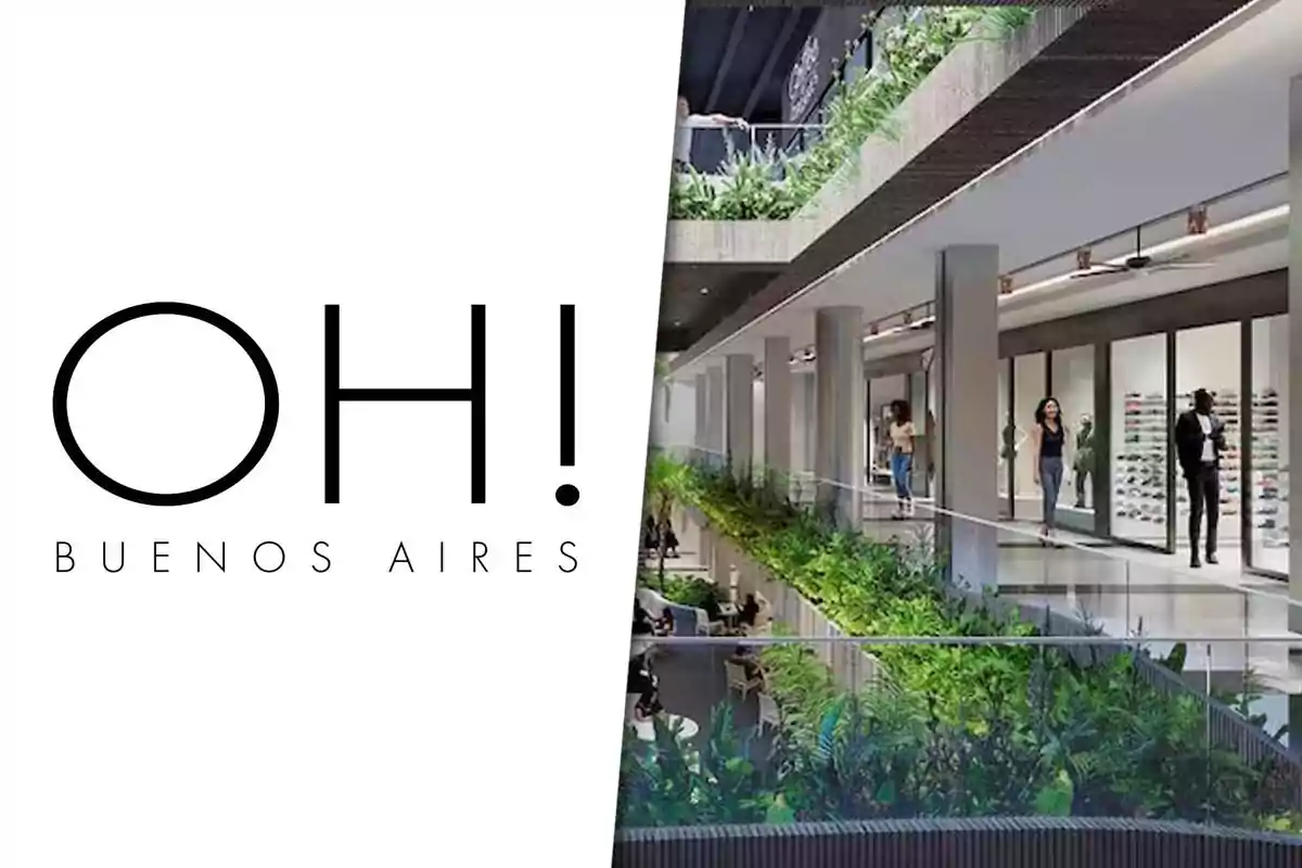 OH! Buenos Aires logo next to an image of a modern shopping mall with plants and people walking through the corridors