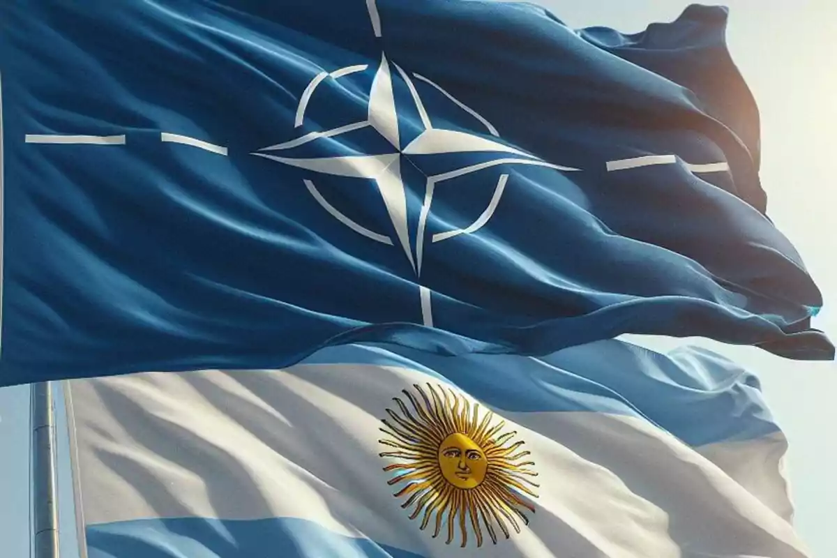 Banderas ondeando de la OTAN y de Argentina juntas en el cielo Banderas ondeando de la OTAN y de Argentina juntas en el cielo