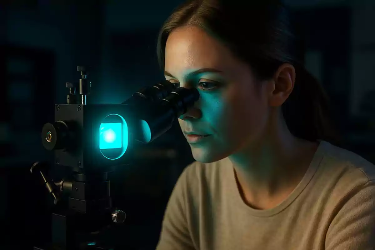 Mujer observando a través de un microscopio en un laboratorio iluminado con luz azul Mujer observando a través de un microscopio en un laboratorio iluminado con luz azul