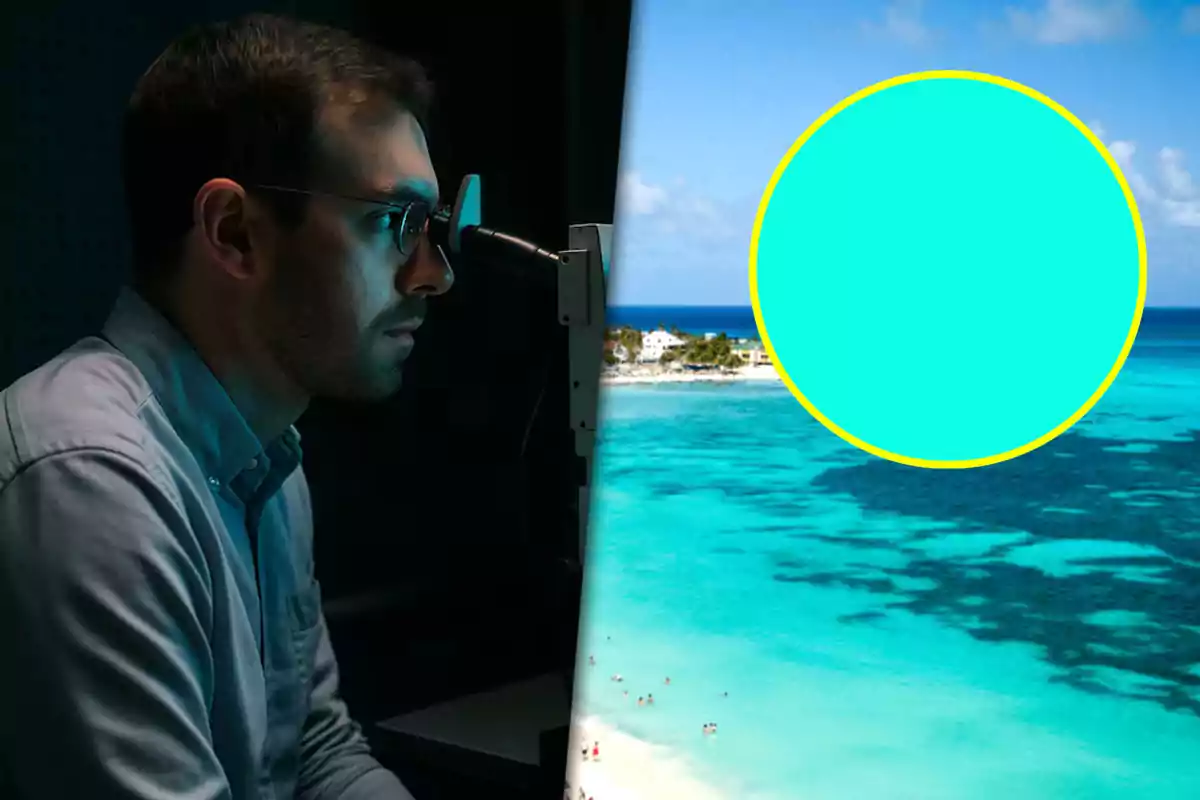 Un hombre se realiza un examen de la vista mientras la imagen se fusiona con una playa de aguas turquesa y un círculo azul grande en el cielo
