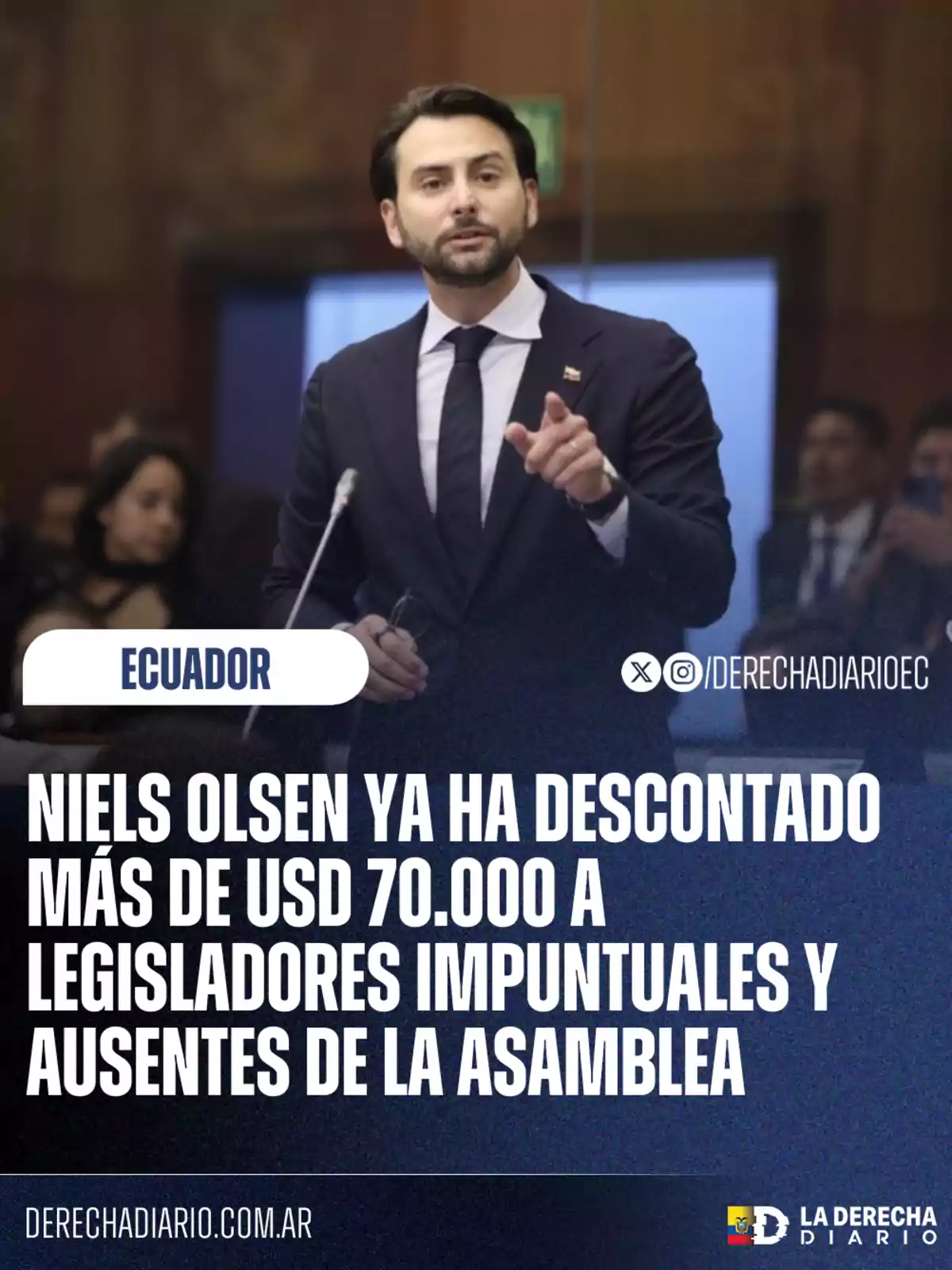 Man in a dark suit speaking at a podium with a sign stating that Niels Olsen has deducted more than ,000 from tardy and absent legislators of the assembly in Ecuador. Man in a dark suit speaking at a podium with a sign stating that Niels Olsen has deducted more than ,000 from tardy and absent legislators of the assembly in Ecuador.