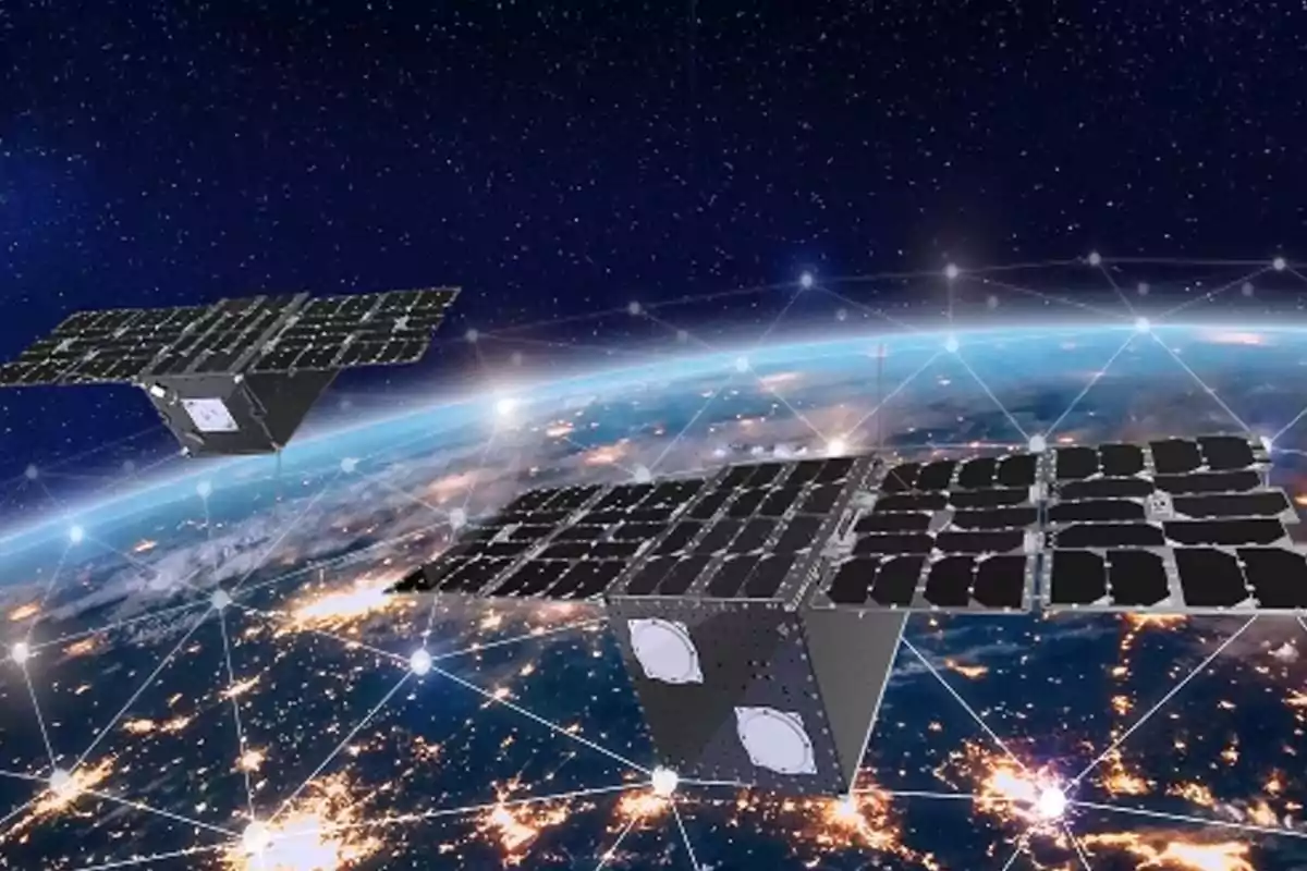 Satélites en órbita sobre la Tierra con un fondo estrellado y luces de ciudades conectadas por líneas digitales