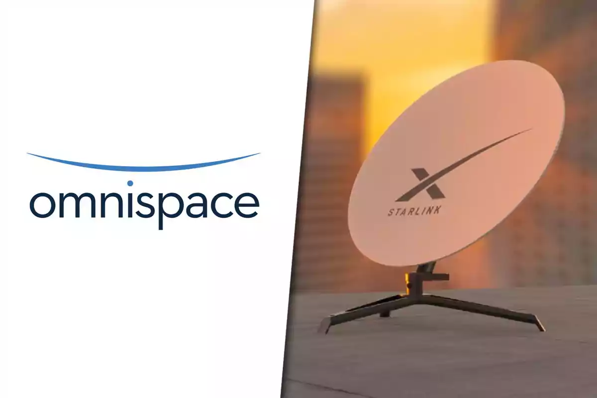 Omnispace logo on the left and Starlink satellite dish on the right over a blurred urban background