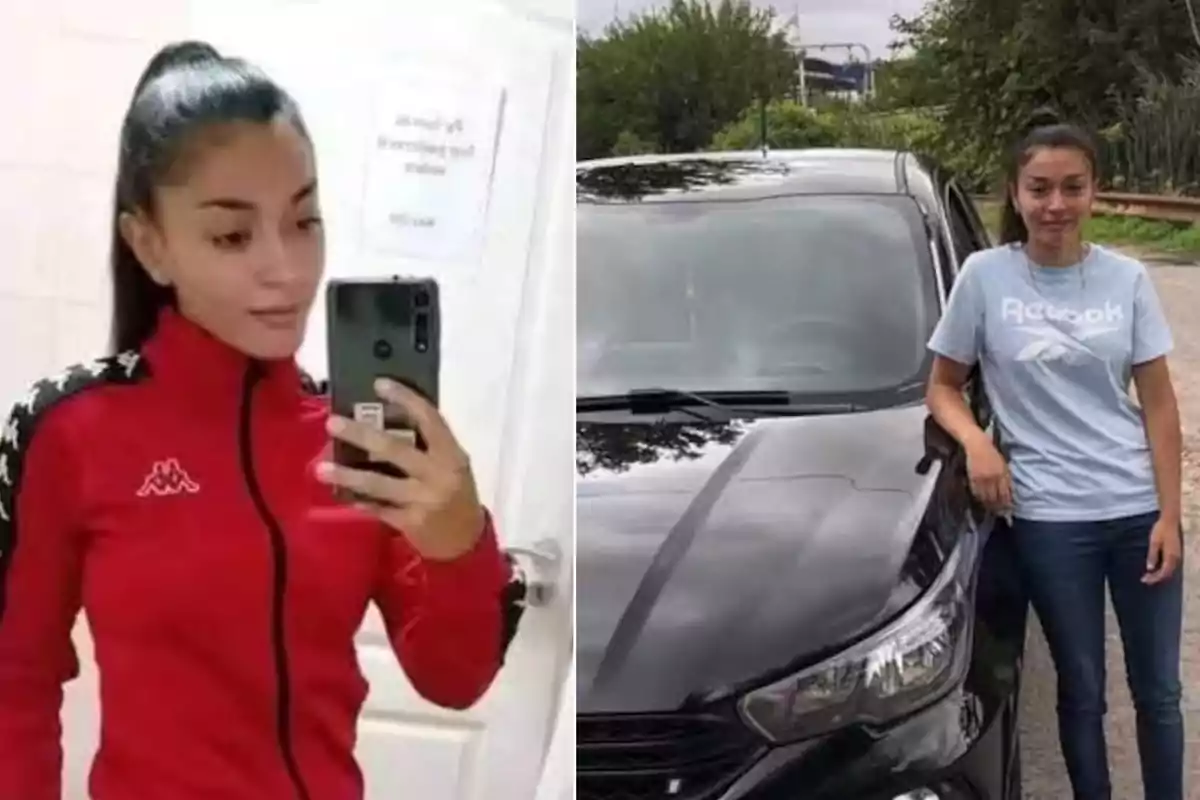 Una joven con el cabello recogido aparece en dos fotos diferentes en la primera está usando una chaqueta roja y tomándose una selfie frente a un espejo en la segunda está de pie junto a un auto negro usando una camiseta azul claro y jeans Una joven con el cabello recogido aparece en dos fotos diferentes en la primera está usando una chaqueta roja y tomándose una selfie frente a un espejo en la segunda está de pie junto a un auto negro usando una camiseta azul claro y jeans