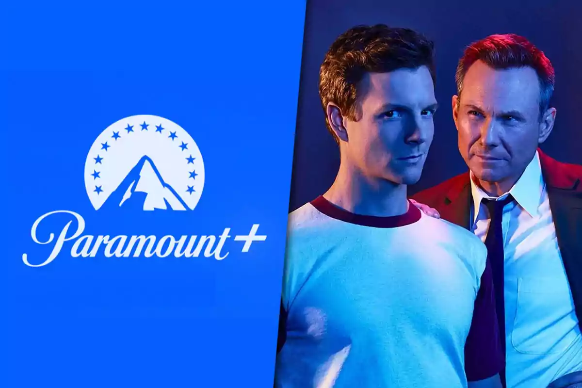 Paramount Plus logo next to two men posing under blue and red lighting