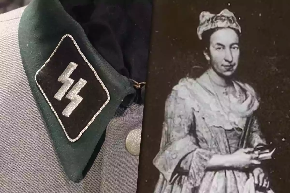 SS uniform with insignia next to an old portrait of a woman