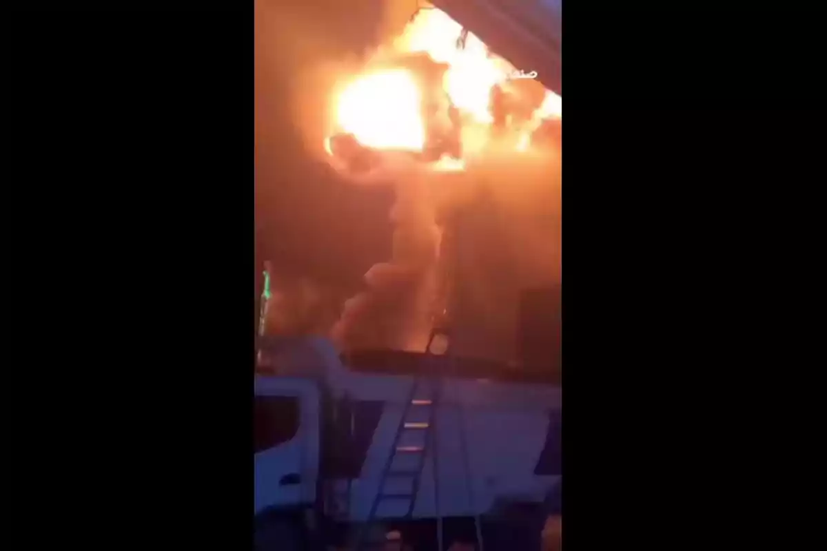 Explosión de fuego intenso sobre un camión con una escalera apoyada en la cabina durante la noche