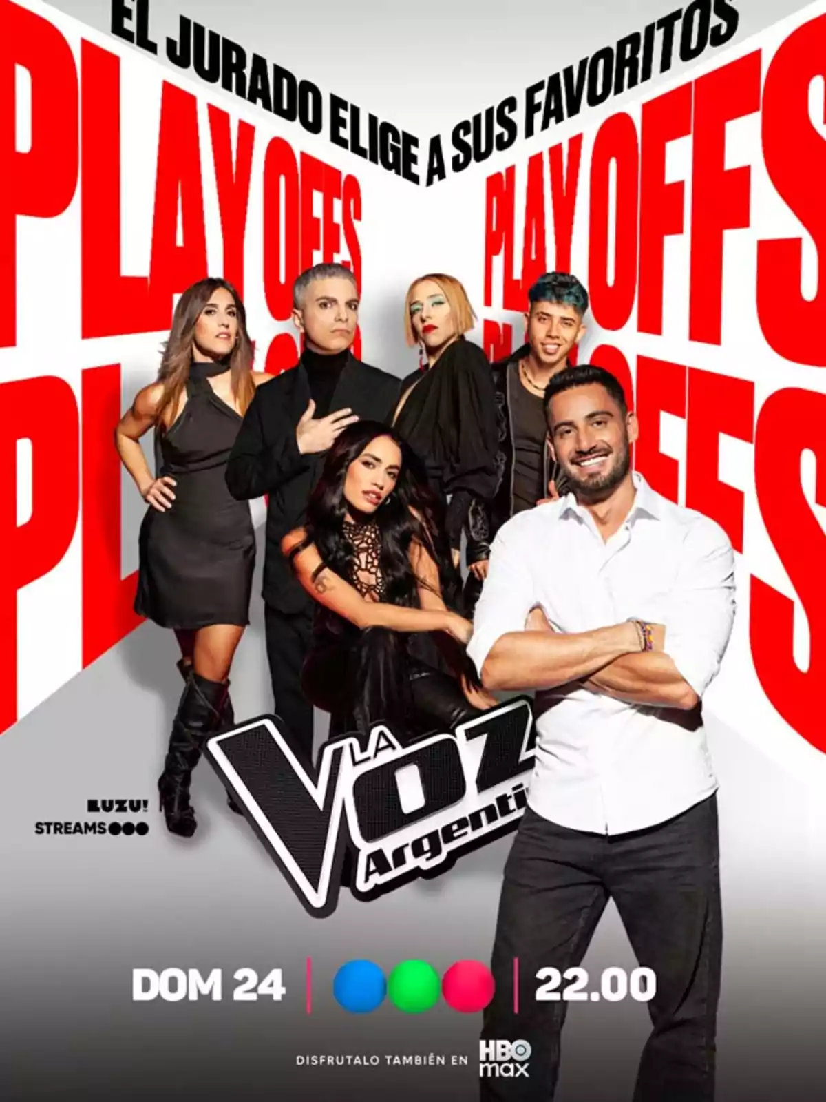 Five people pose in front of a background with large red letters that say PLAY OFFS, promoting the show La Voz Argentina, with information about the broadcast on Sunday at 10 p.m. on Telefe and HBO Max. Five people pose in front of a background with large red letters that say PLAY OFFS, promoting the show La Voz Argentina, with information about the broadcast on Sunday at 10 p.m. on Telefe and HBO Max.