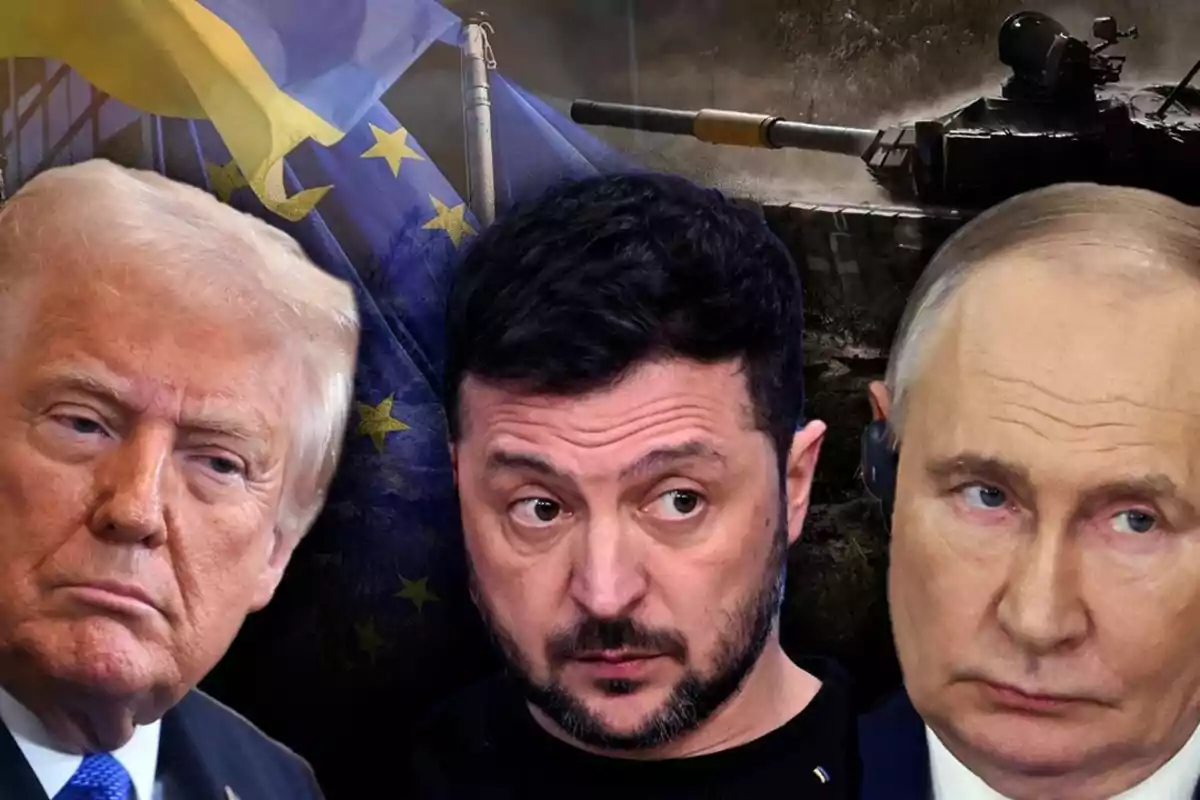 Three men in the foreground with serious expressions, in the background there are Ukrainian and European Union flags next to a war tank.