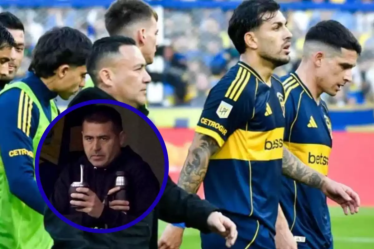 Boca Juniors players walking on the field with serious expressions and a man in a box holding two mate gourds