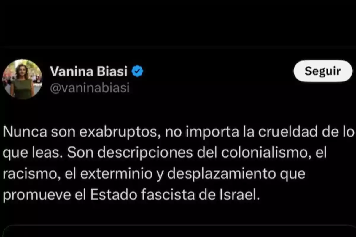 Captura de pantalla de un tuit de Vanina Biasi en el que critica al Estado de Israel acusándolo de colonialismo, racismo, exterminio y desplazamiento Captura de pantalla de un tuit de Vanina Biasi en el que critica al Estado de Israel acusándolo de colonialismo, racismo, exterminio y desplazamiento