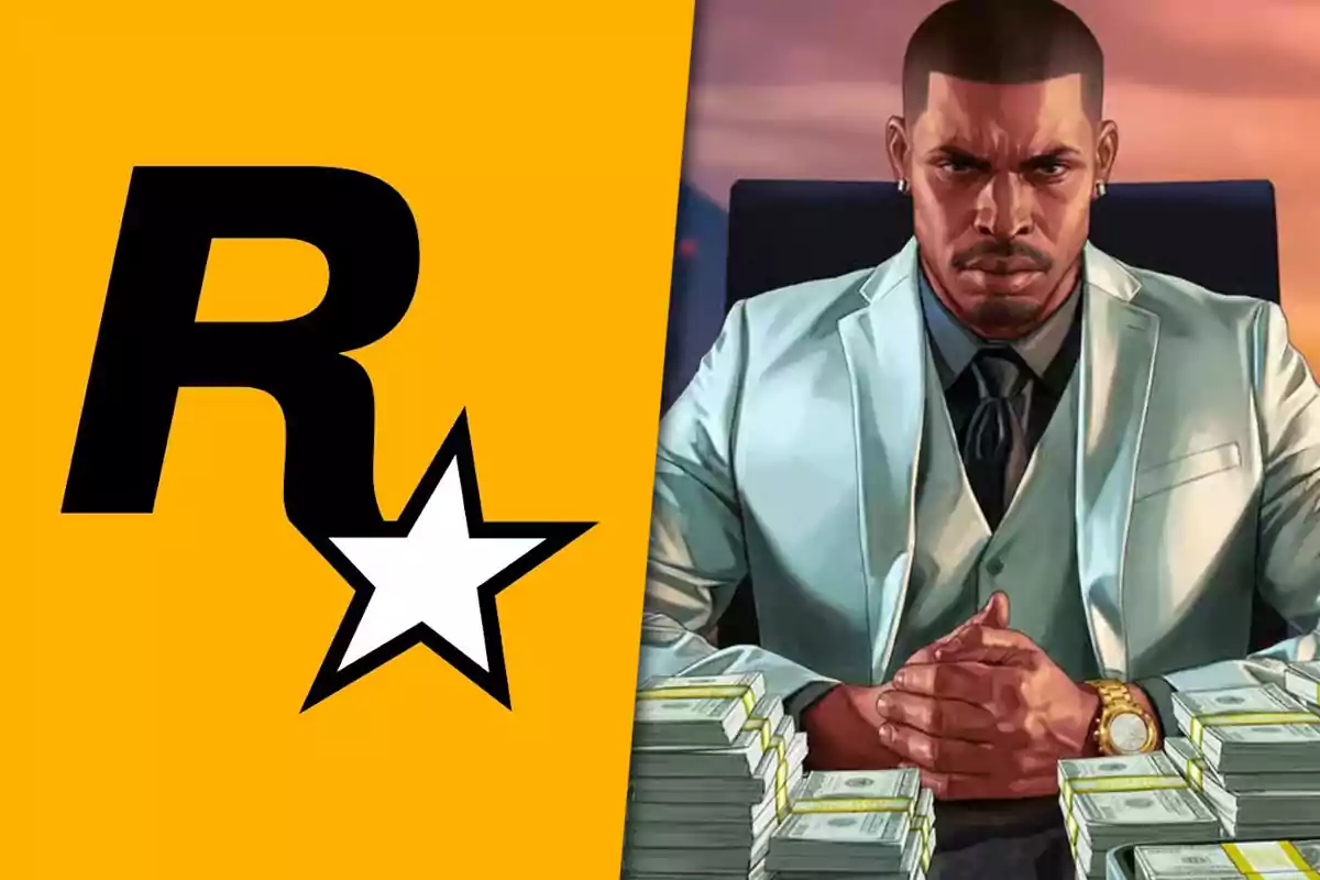 Logo de Rockstar Games junto a un personaje de videojuego vestido de traje claro sentado frente a pilas de dinero