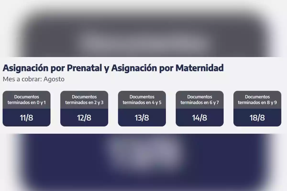 Calendario de pago de asignación por prenatal y maternidad para el mes de agosto según la terminación del documento, con fechas 11, 12, 13, 14 y 18 de agosto Calendario de pago de asignación por prenatal y maternidad para el mes de agosto según la terminación del documento, con fechas 11, 12, 13, 14 y 18 de agosto