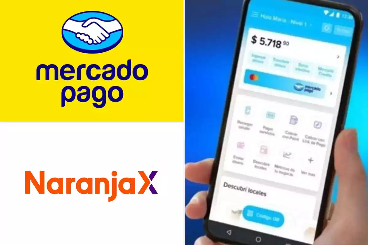 Logos de Mercado Pago y Naranja X junto a una mano sosteniendo un celular que muestra la aplicación de Mercado Pago en la pantalla