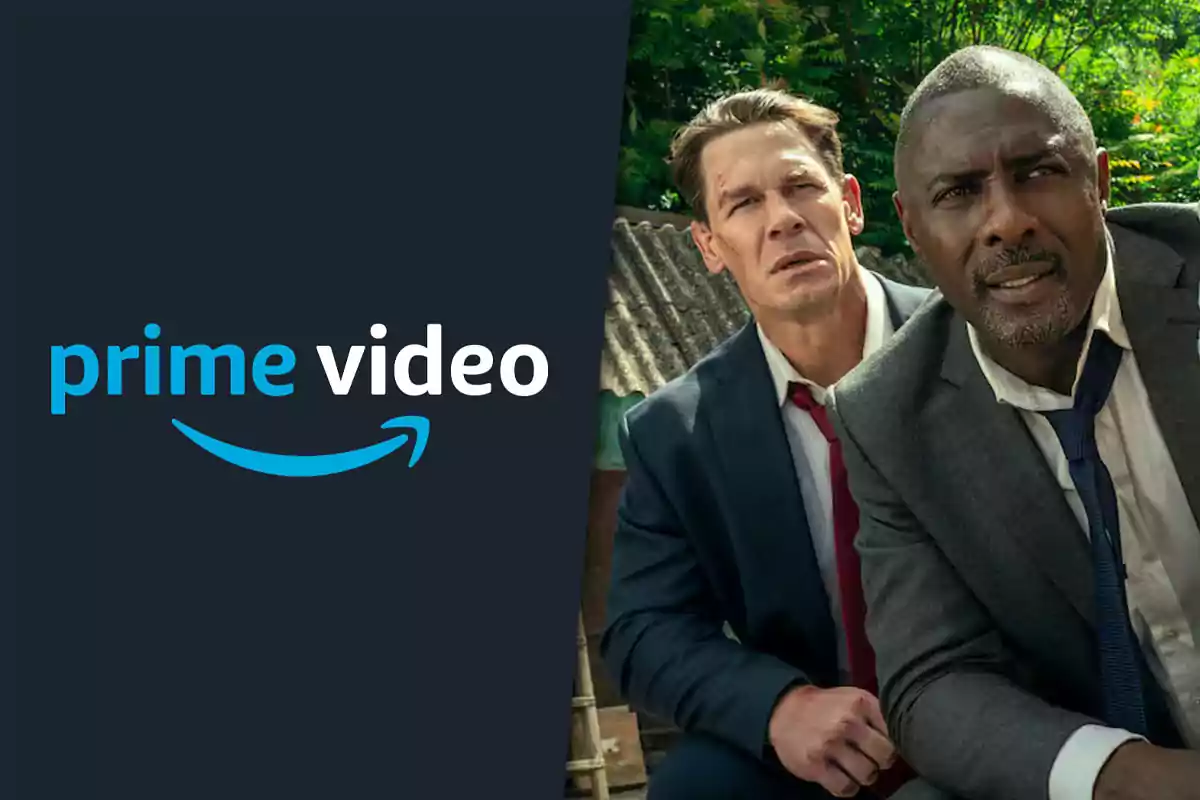 Two men in suits look serious and are outdoors next to the Prime Video logo against a dark background.