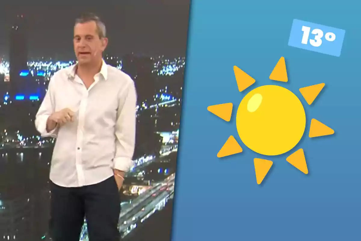 Man standing in a white jersey next to a sun graphic and a temperature of 13 degrees against a blue background