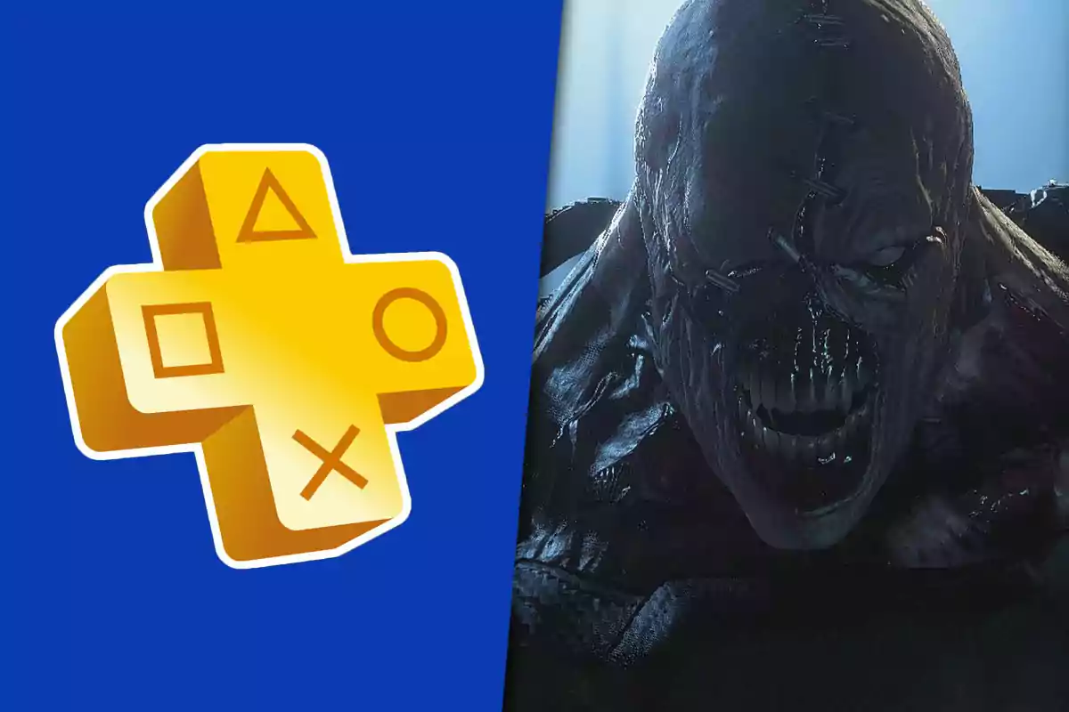 Golden PlayStation Plus logo next to a terrifying-looking monster with an open mouth and stitched skin