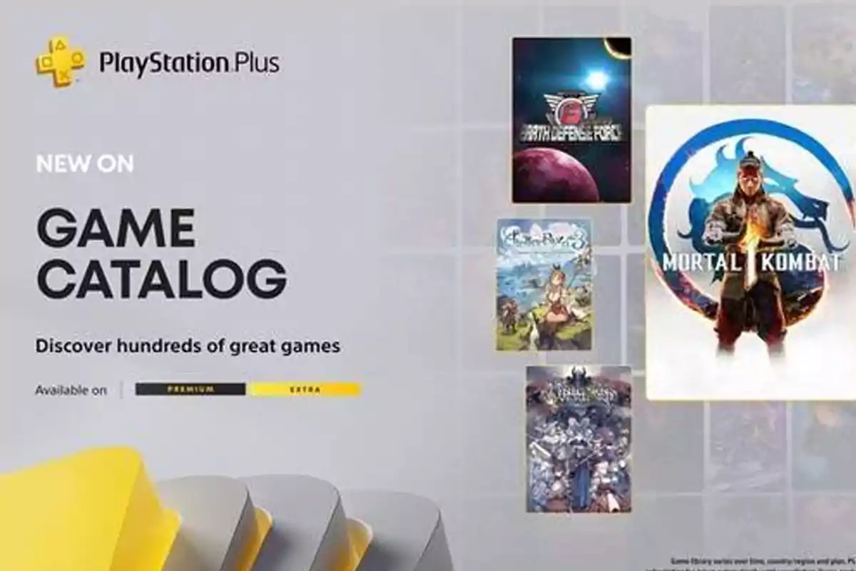 PlayStation Plus promotion announcing new games in the catalog, featuring Mortal Kombat and other titles, available with Premium and Extra subscriptions. PlayStation Plus promotion announcing new games in the catalog, featuring Mortal Kombat and other titles, available with Premium and Extra subscriptions.