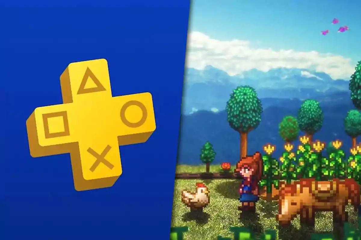 Yellow PlayStation Plus logo on the left and a pixel art scene from a farming video game with a girl, a cow, and a chicken on the right